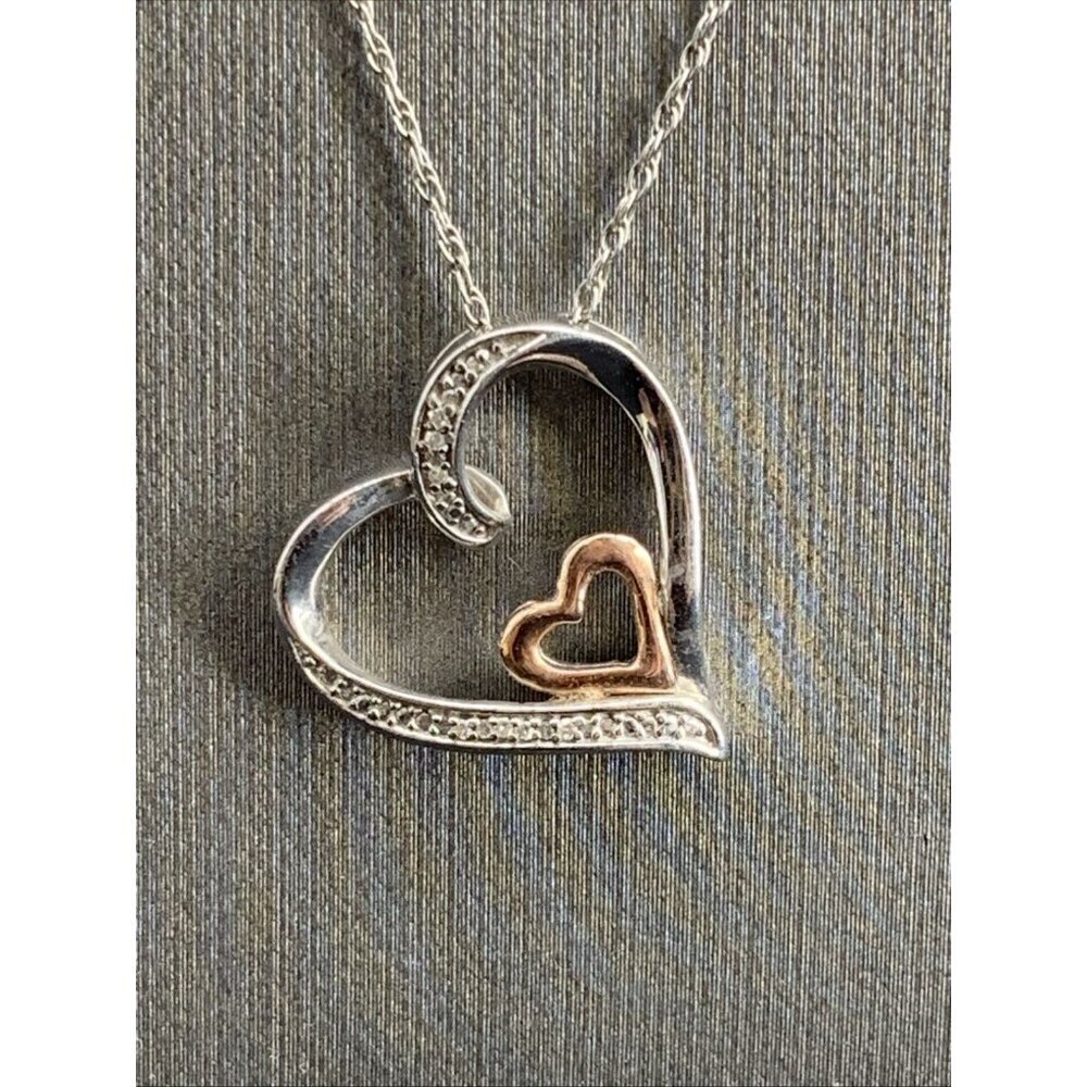 Double Heart Necklace 10k Rose Gold 925 Sterling Silver Diamond Pendant 17" Long